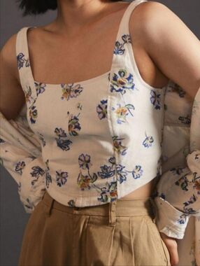 Anthropologie Pilcro Cropped Corset Floral Tank Cotton Linen Small